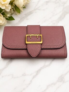 Burberry Dusty Rose Leather Continental Wallet | Check Lining | Gold Buckle